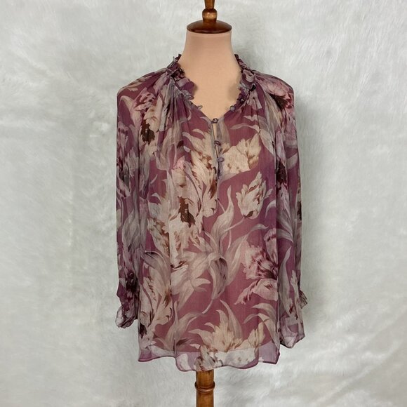Christy Lynn Sheer Silk Long Sleeve Floral Karla Blouse Calla Lily Pink M - Picture 1 of 8